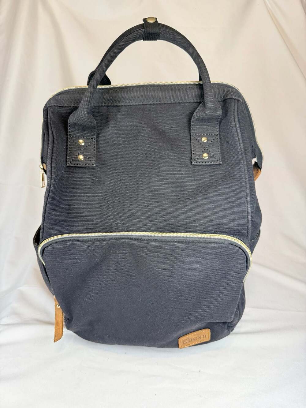 Minimalist Elevated Basics Ebesa Black Canvas Backpack with Brown Leather Accent